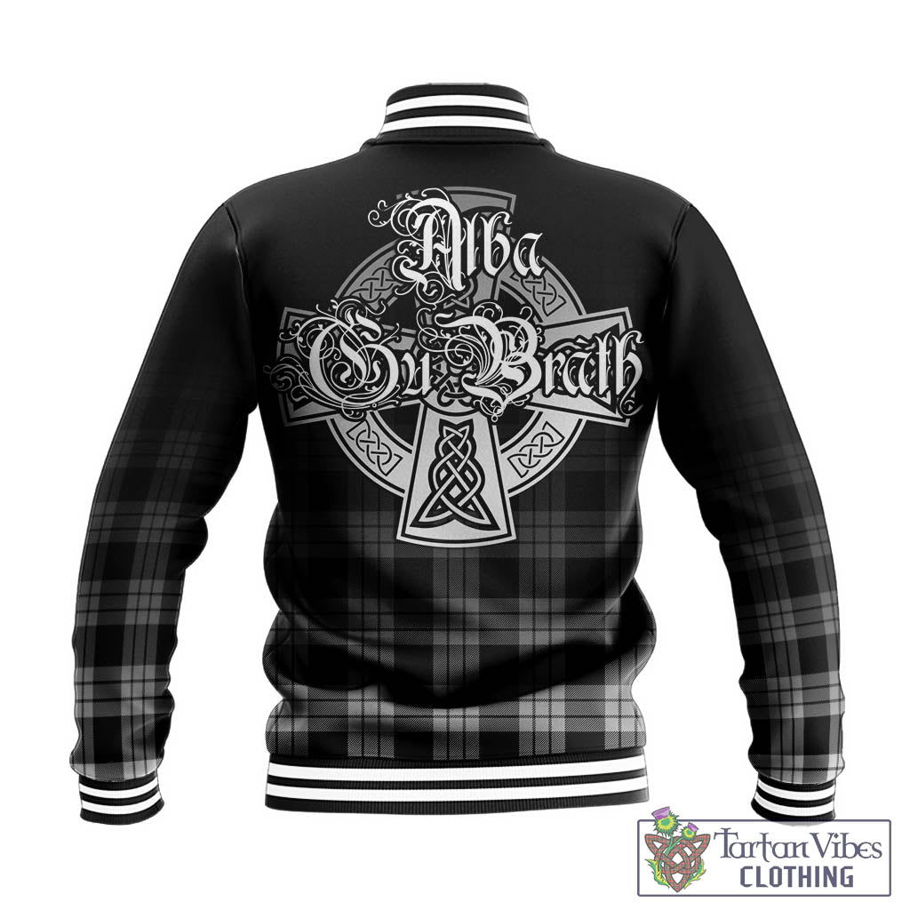 Tartan Vibes Clothing MacFarlane Black White Tartan Baseball Jacket Featuring Alba Gu Brath Family Crest Celtic Inspired