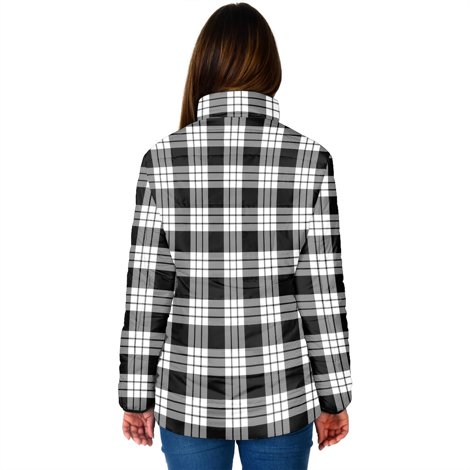 MacFarlane Black White Tartan Padded Jacket with Family Crest - Tartan Vibes Clothing