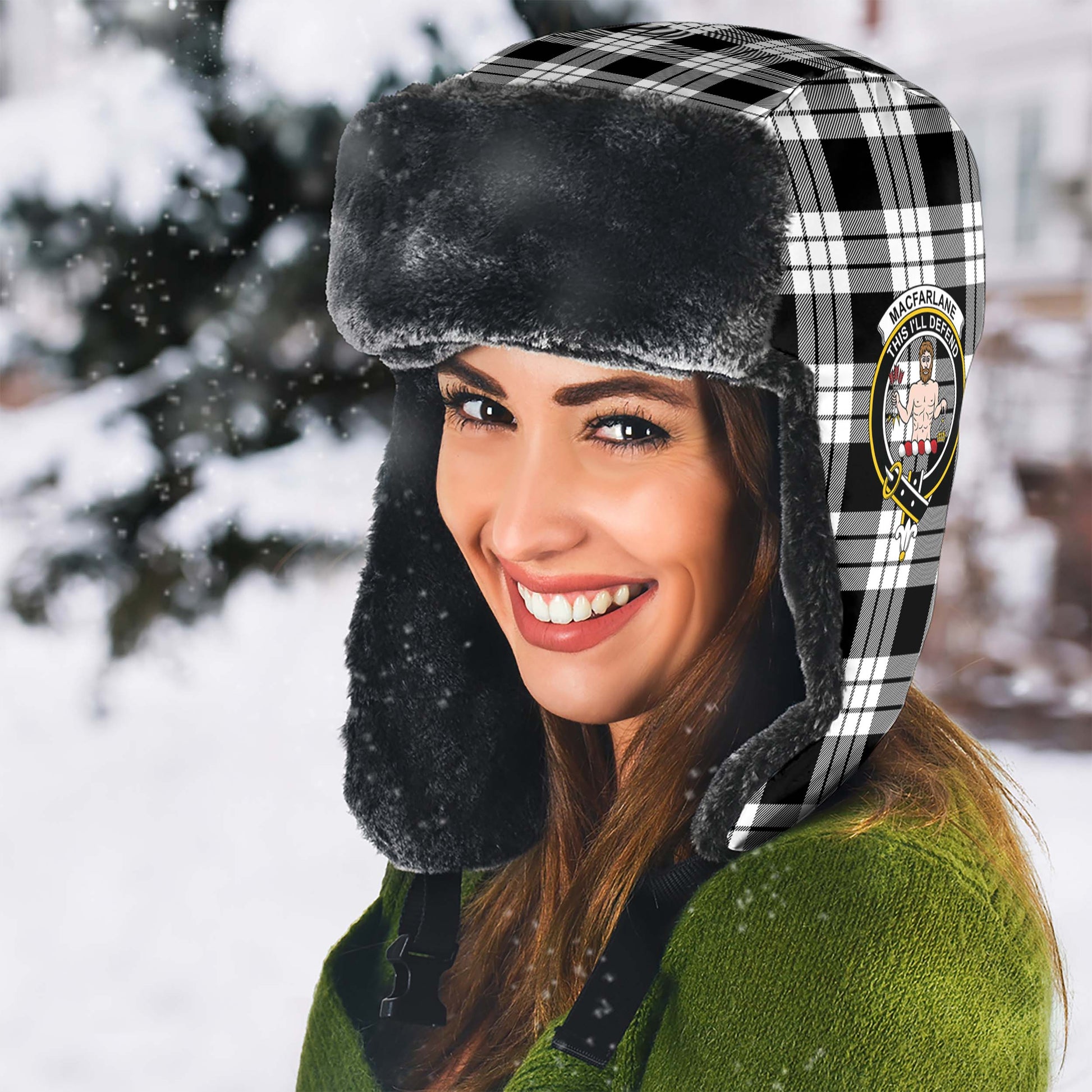 MacFarlane Black White Tartan Winter Trapper Hat with Family Crest - Tartanvibesclothing