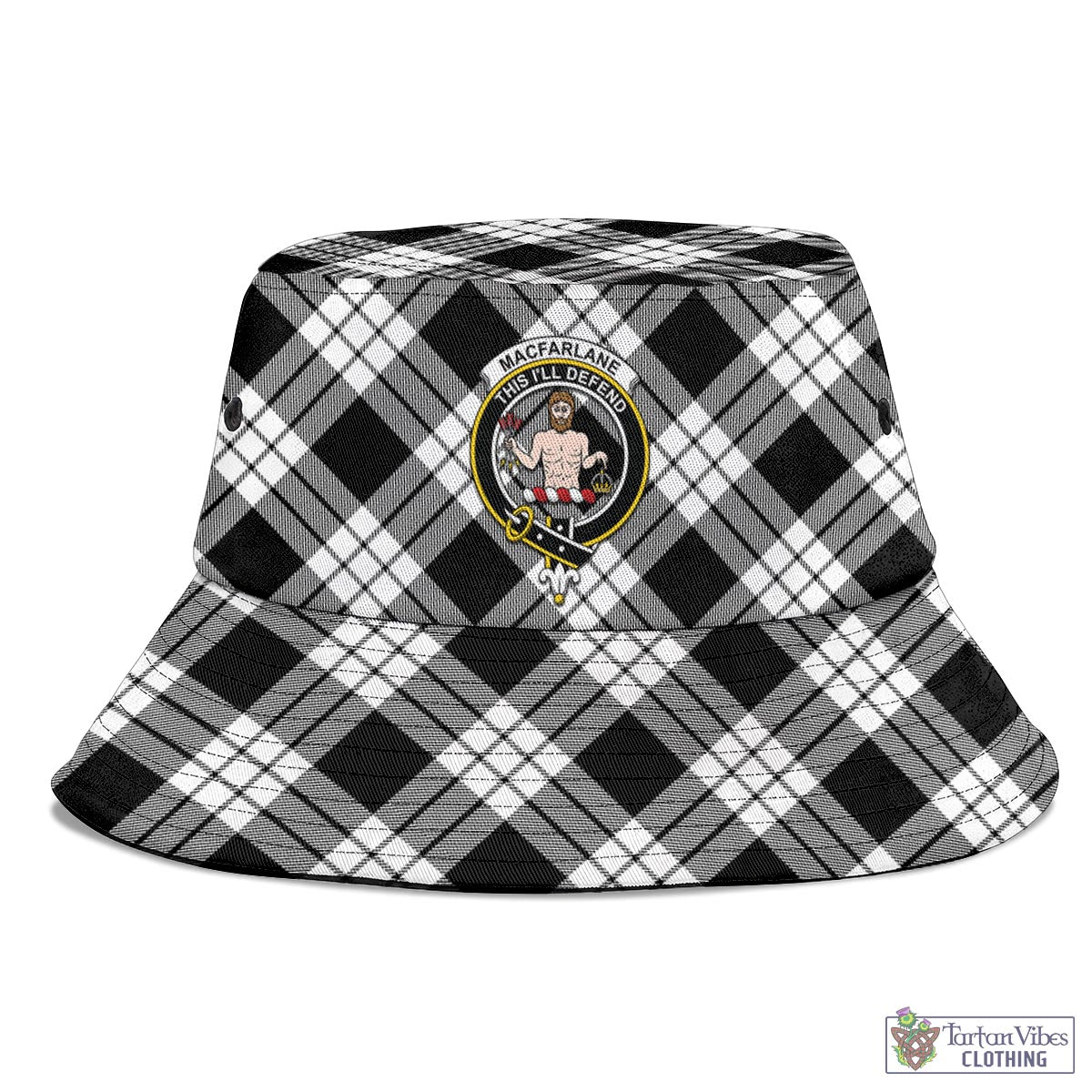 Tartan Vibes Clothing MacFarlane Black White Tartan Bucket Hat with Family Crest