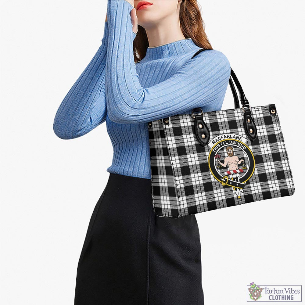 Tartan Vibes Clothing MacFarlane Black White Tartan Luxury Leather Handbags with Family Crest