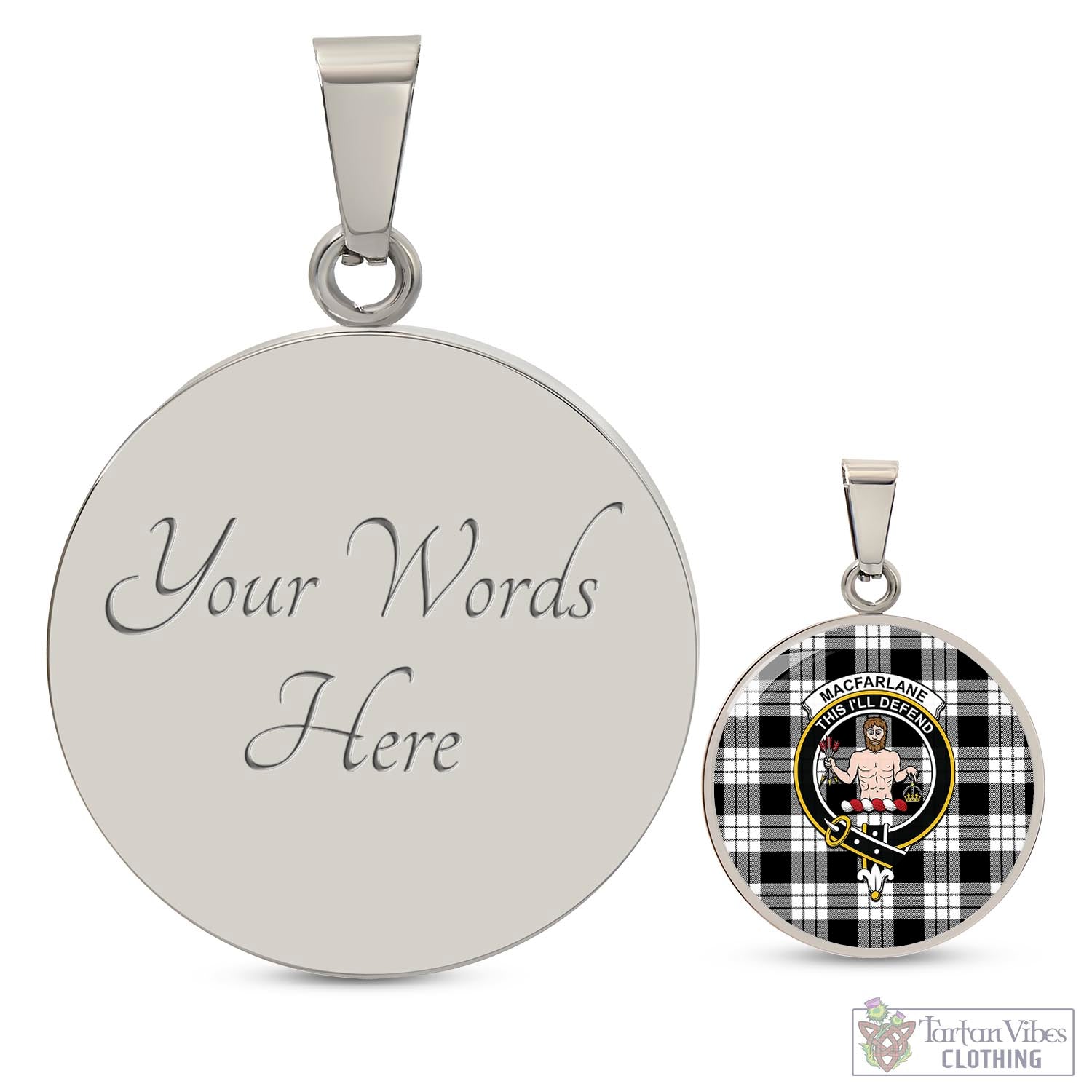 Tartan Vibes Clothing MacFarlane Black White Tartan Circle Necklace with Family Crest