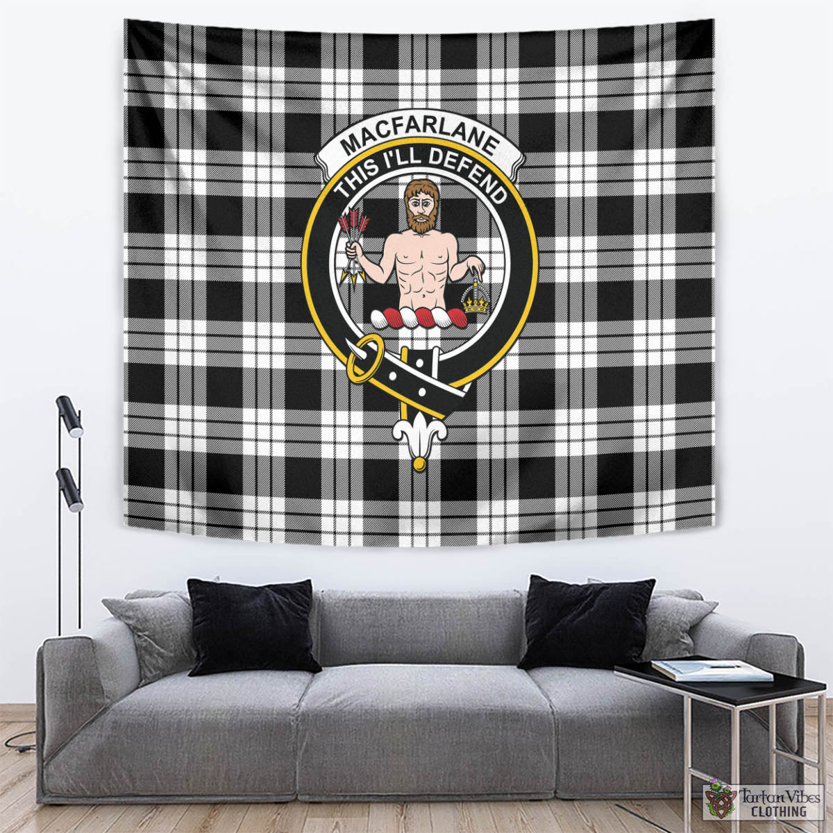 Tartan Vibes Clothing MacFarlane Black White Tartan Tapestry Wall Hanging and Home Decor for Room with Family Crest