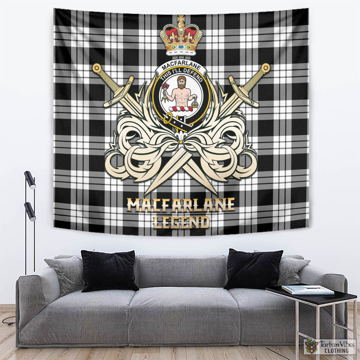 Tartan Vibes Clothing MacFarlane Black White Tartan Tapestry with Clan Crest and the Golden Sword of Courageous Legacy