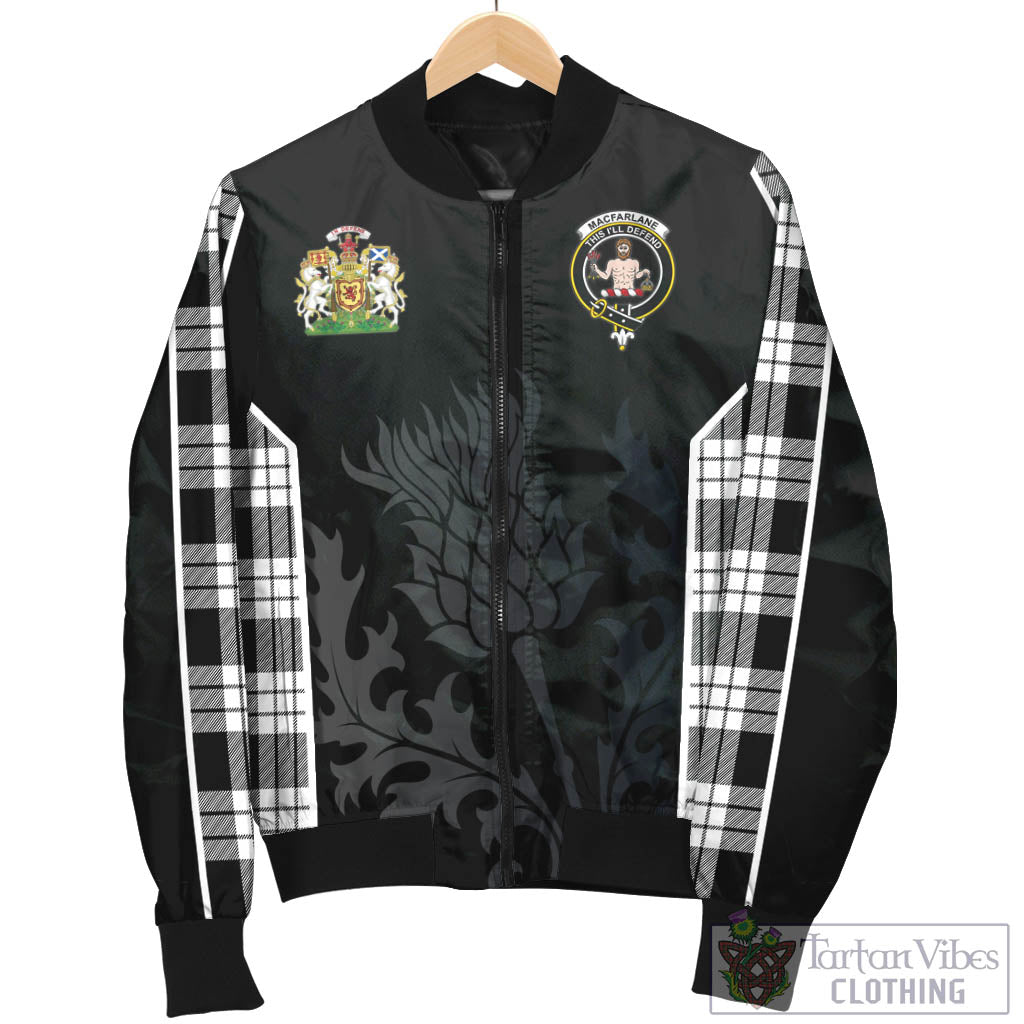 Tartan Vibes Clothing MacFarlane Black White Tartan Bomber Jacket with Family Crest and Scottish Thistle Vibes Sport Style