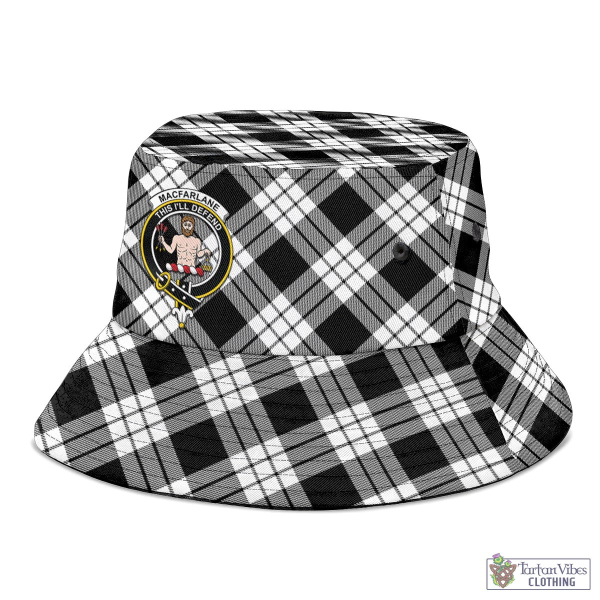 Tartan Vibes Clothing MacFarlane Black White Tartan Bucket Hat with Family Crest