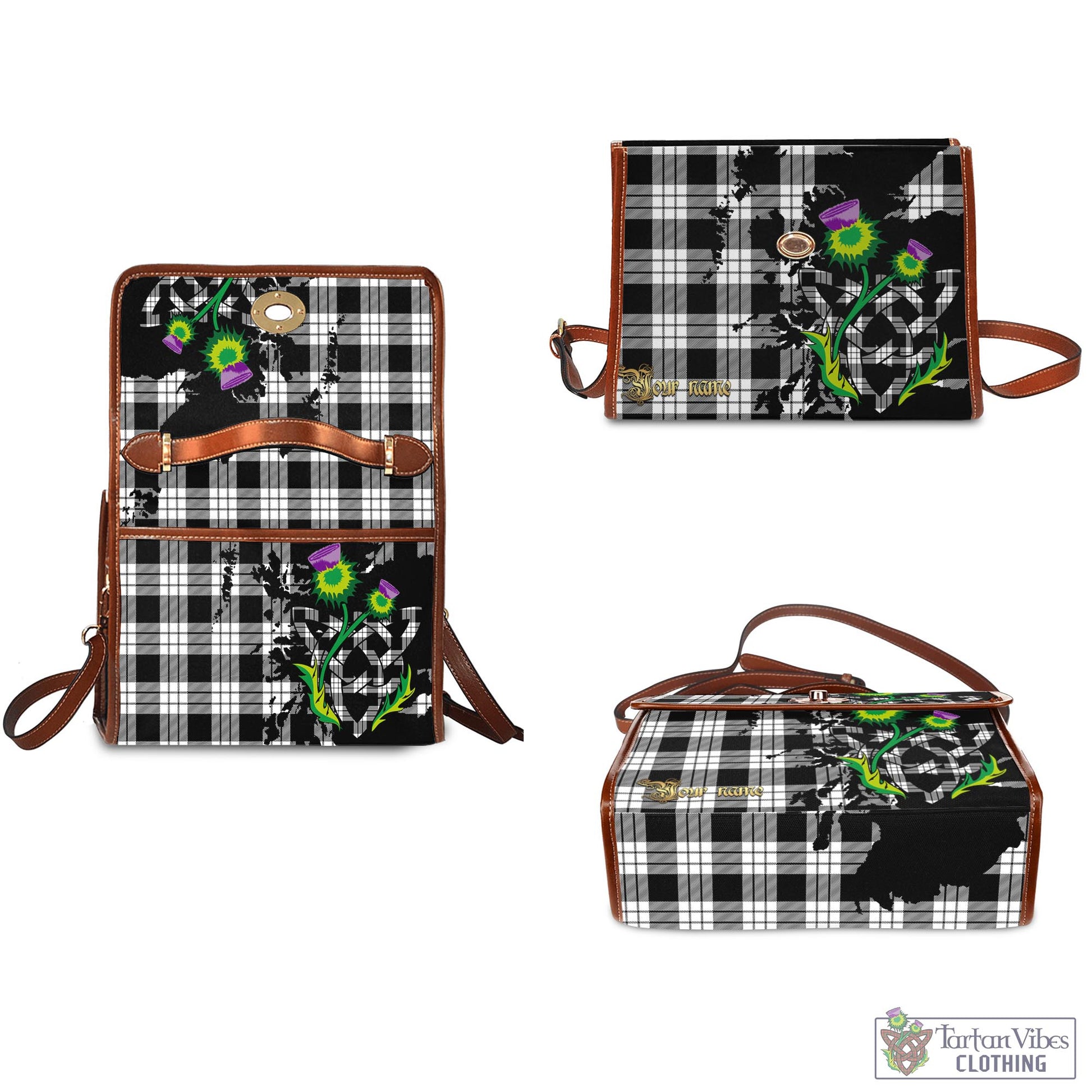 Tartan Vibes Clothing MacFarlane Black White Tartan Waterproof Canvas Bag with Scotland Map and Thistle Celtic Accents