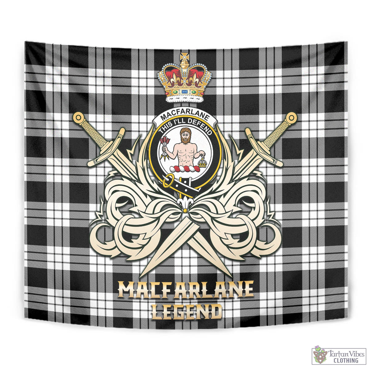 Tartan Vibes Clothing MacFarlane Black White Tartan Tapestry with Clan Crest and the Golden Sword of Courageous Legacy