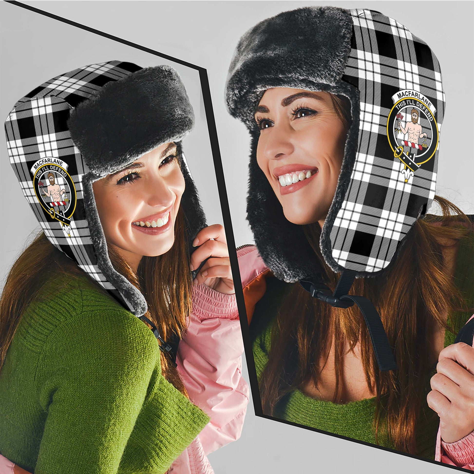 MacFarlane Black White Tartan Winter Trapper Hat with Family Crest - Tartanvibesclothing