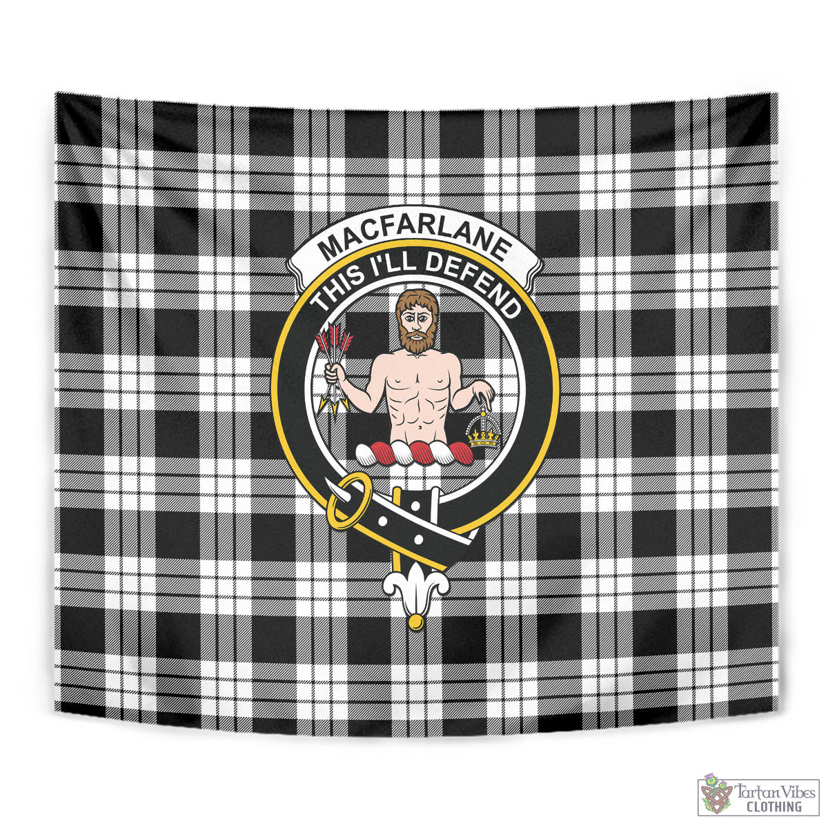 Tartan Vibes Clothing MacFarlane Black White Tartan Tapestry Wall Hanging and Home Decor for Room with Family Crest