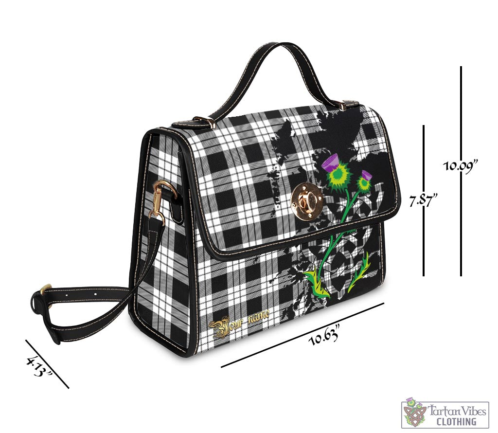 Tartan Vibes Clothing MacFarlane Black White Tartan Waterproof Canvas Bag with Scotland Map and Thistle Celtic Accents