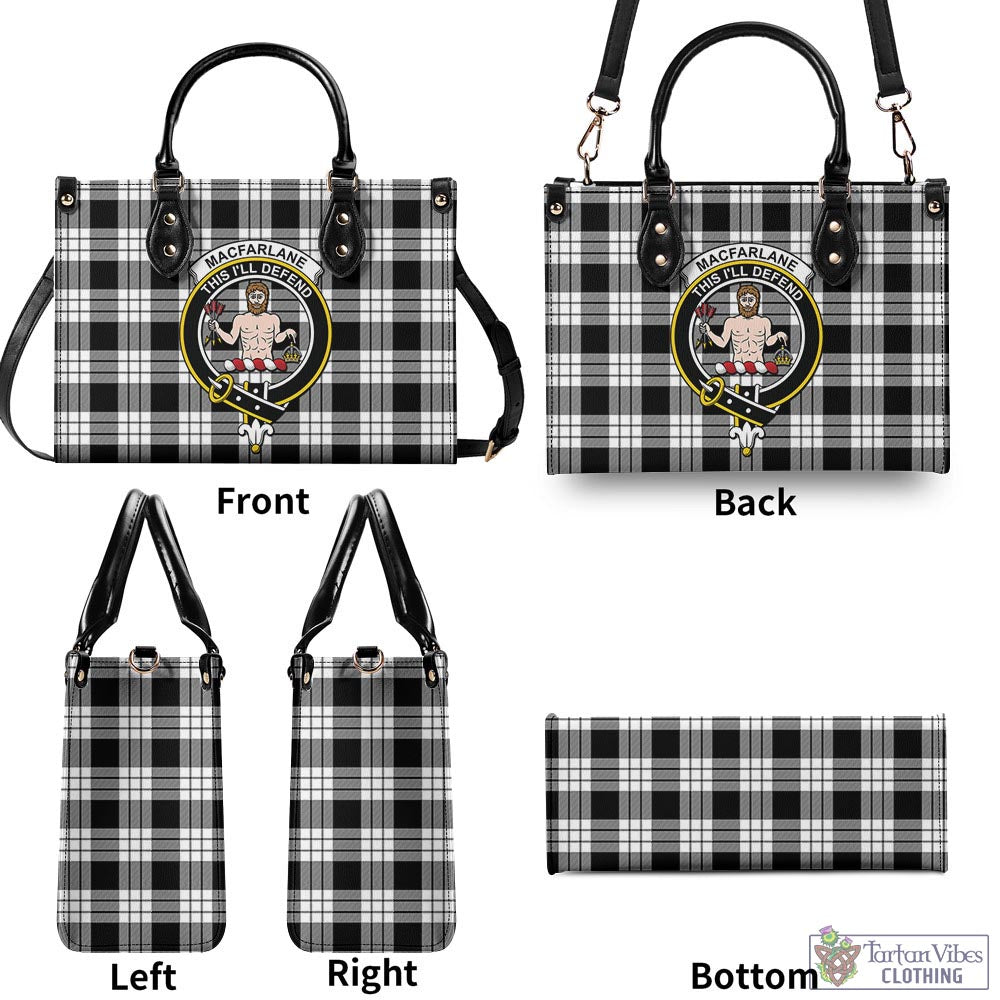 Tartan Vibes Clothing MacFarlane Black White Tartan Luxury Leather Handbags with Family Crest