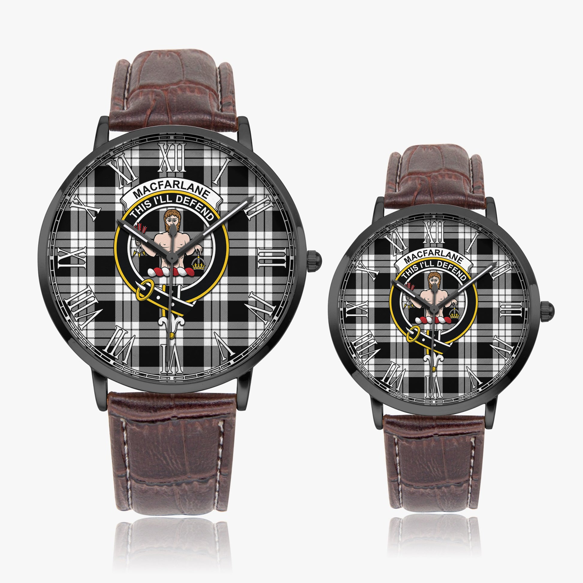 MacFarlane Black White Tartan Family Crest Leather Strap Quartz Watch - Tartanvibesclothing