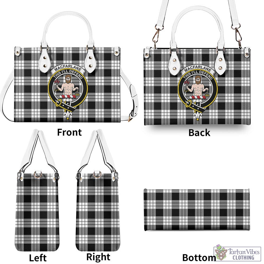 Tartan Vibes Clothing MacFarlane Black White Tartan Luxury Leather Handbags with Family Crest