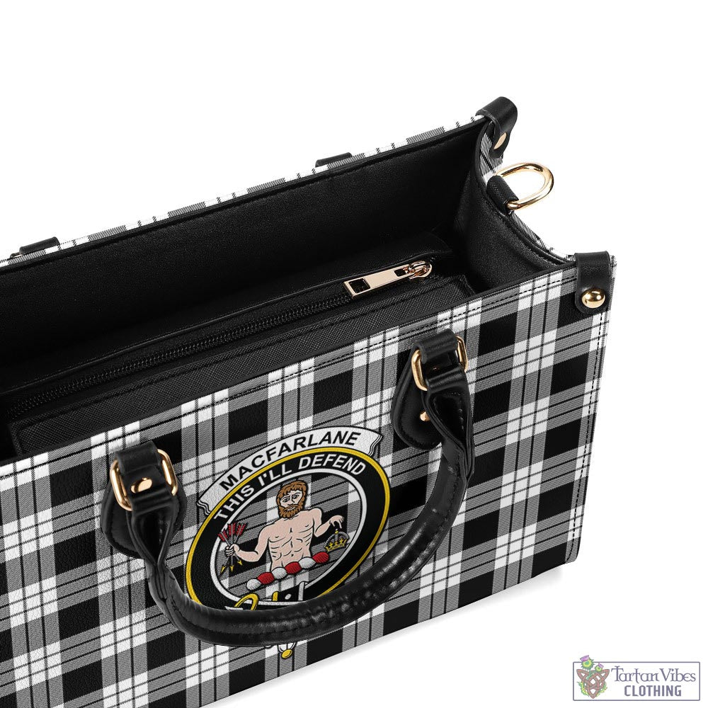 Tartan Vibes Clothing MacFarlane Black White Tartan Luxury Leather Handbags with Family Crest