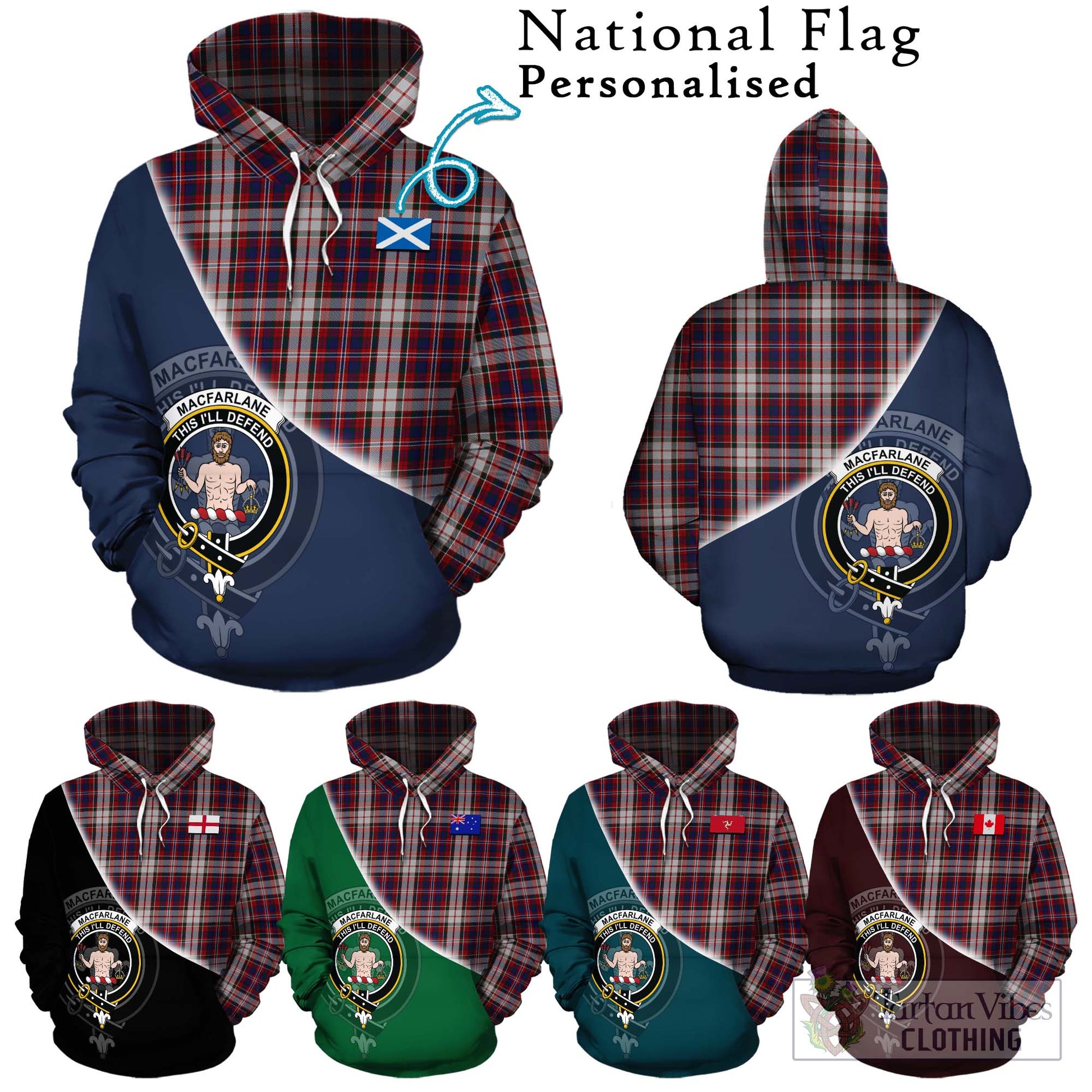 Tartan Vibes Clothing MacFarlane Dress Tartan Hoodie with Personalised National Flag and Family Crest Half Style