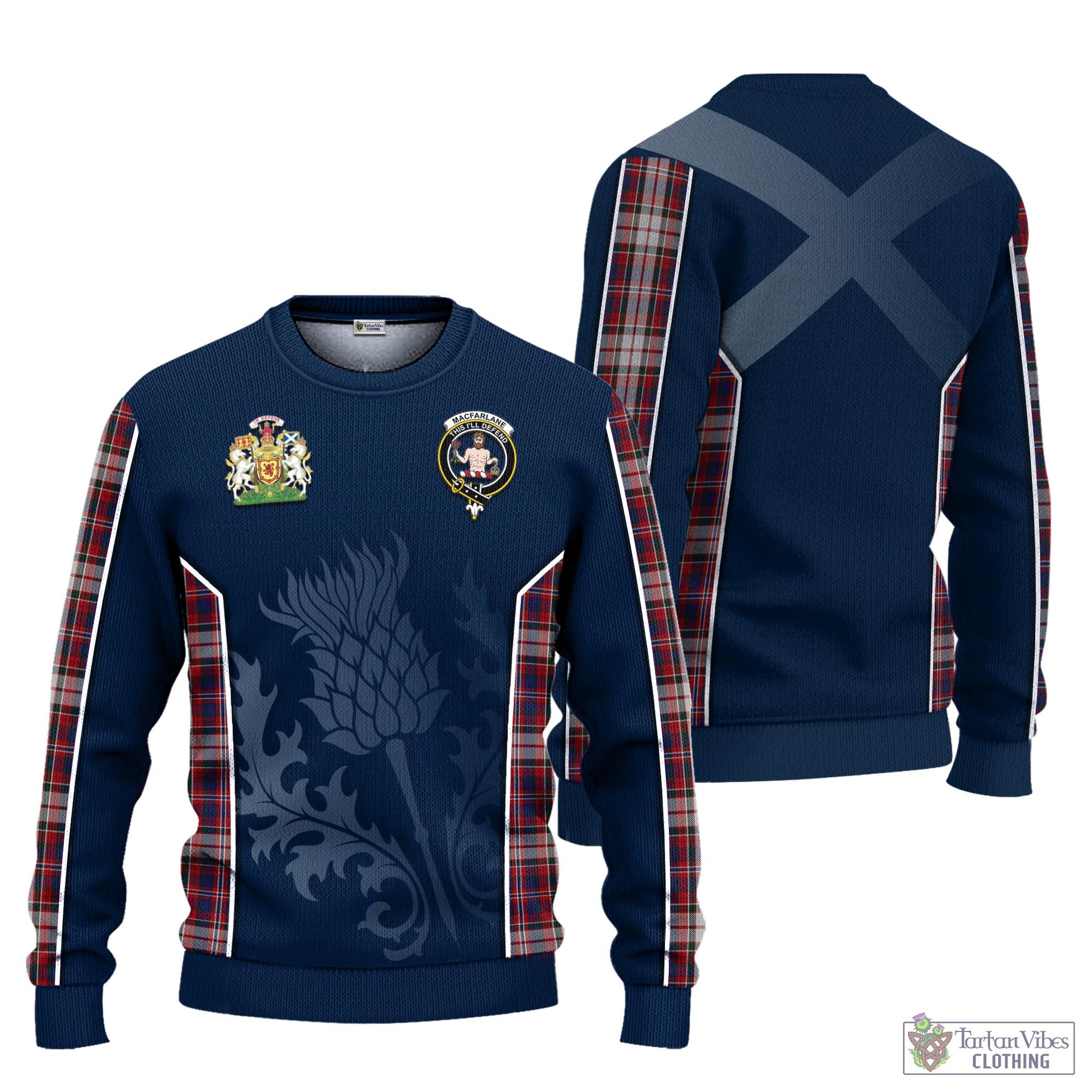 Tartan Vibes Clothing MacFarlane Dress Tartan Knitted Sweatshirt with Family Crest and Scottish Thistle Vibes Sport Style