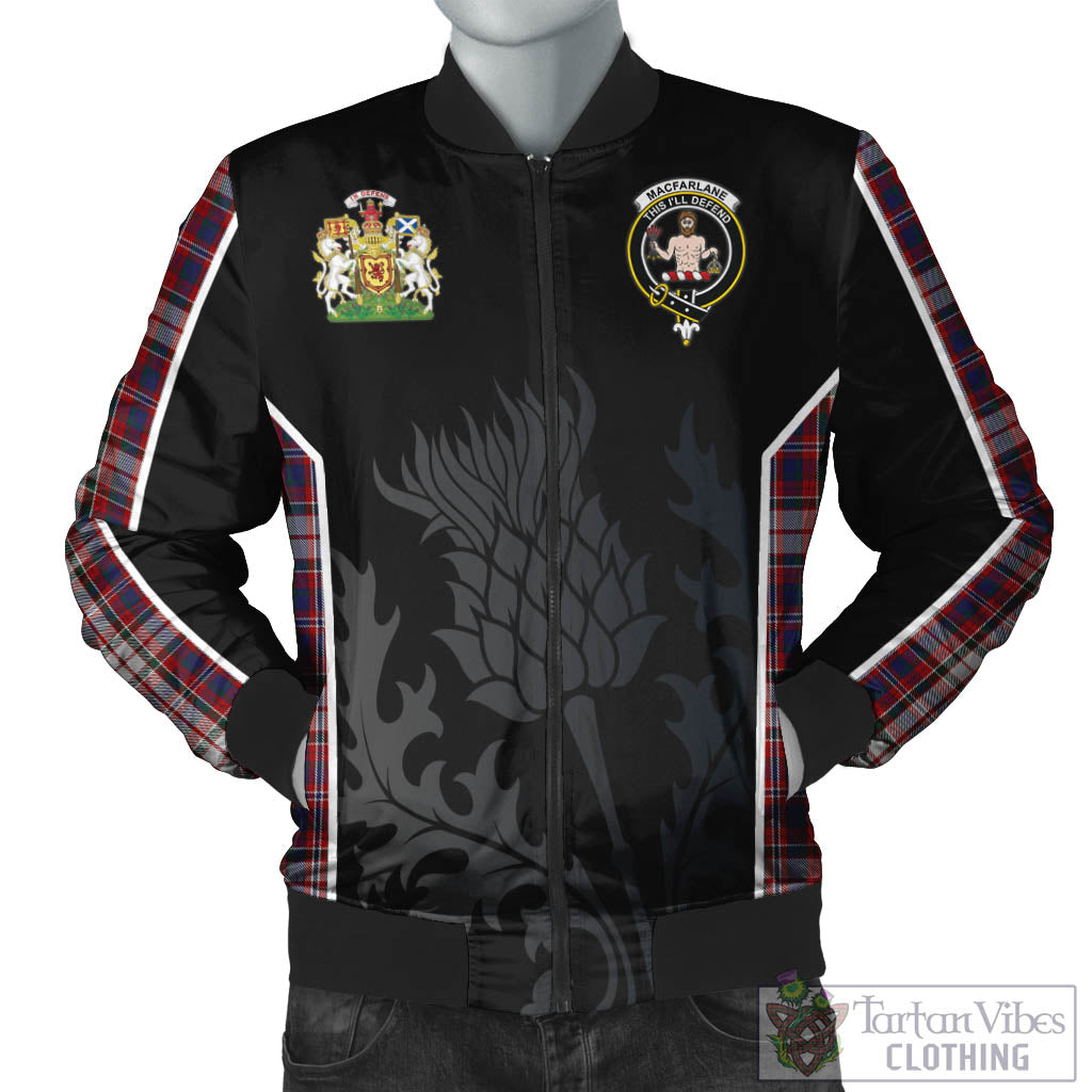 Tartan Vibes Clothing MacFarlane Dress Tartan Bomber Jacket with Family Crest and Scottish Thistle Vibes Sport Style