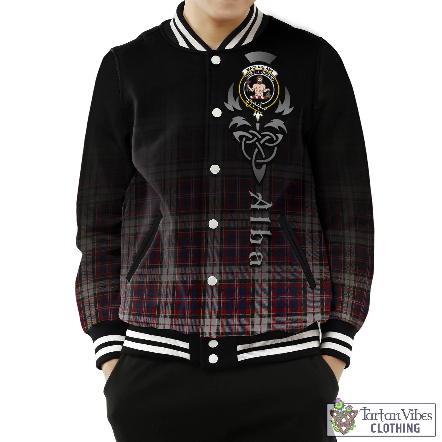 Tartan Vibes Clothing MacFarlane Dress Tartan Baseball Jacket Featuring Alba Gu Brath Family Crest Celtic Inspired