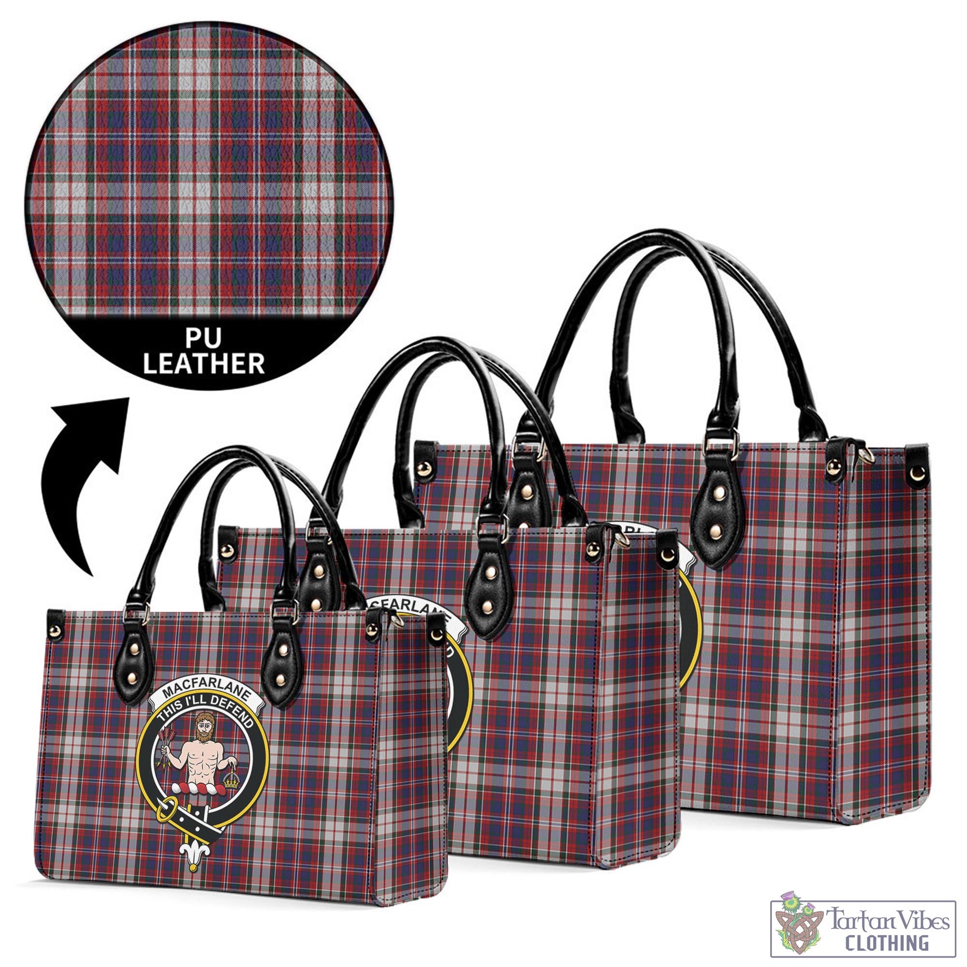 Tartan Vibes Clothing MacFarlane Dress Tartan Luxury Leather Handbags with Family Crest