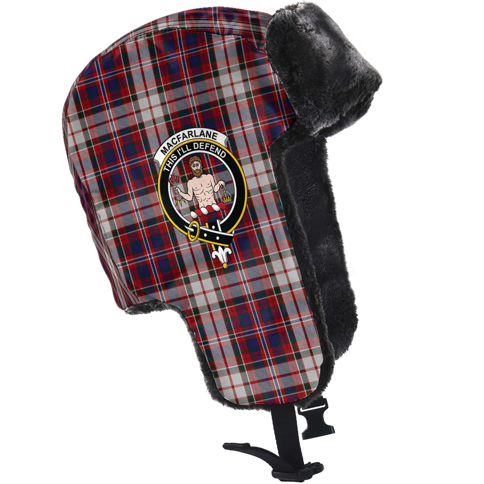 MacFarlane Dress Tartan Winter Trapper Hat with Family Crest - Tartanvibesclothing