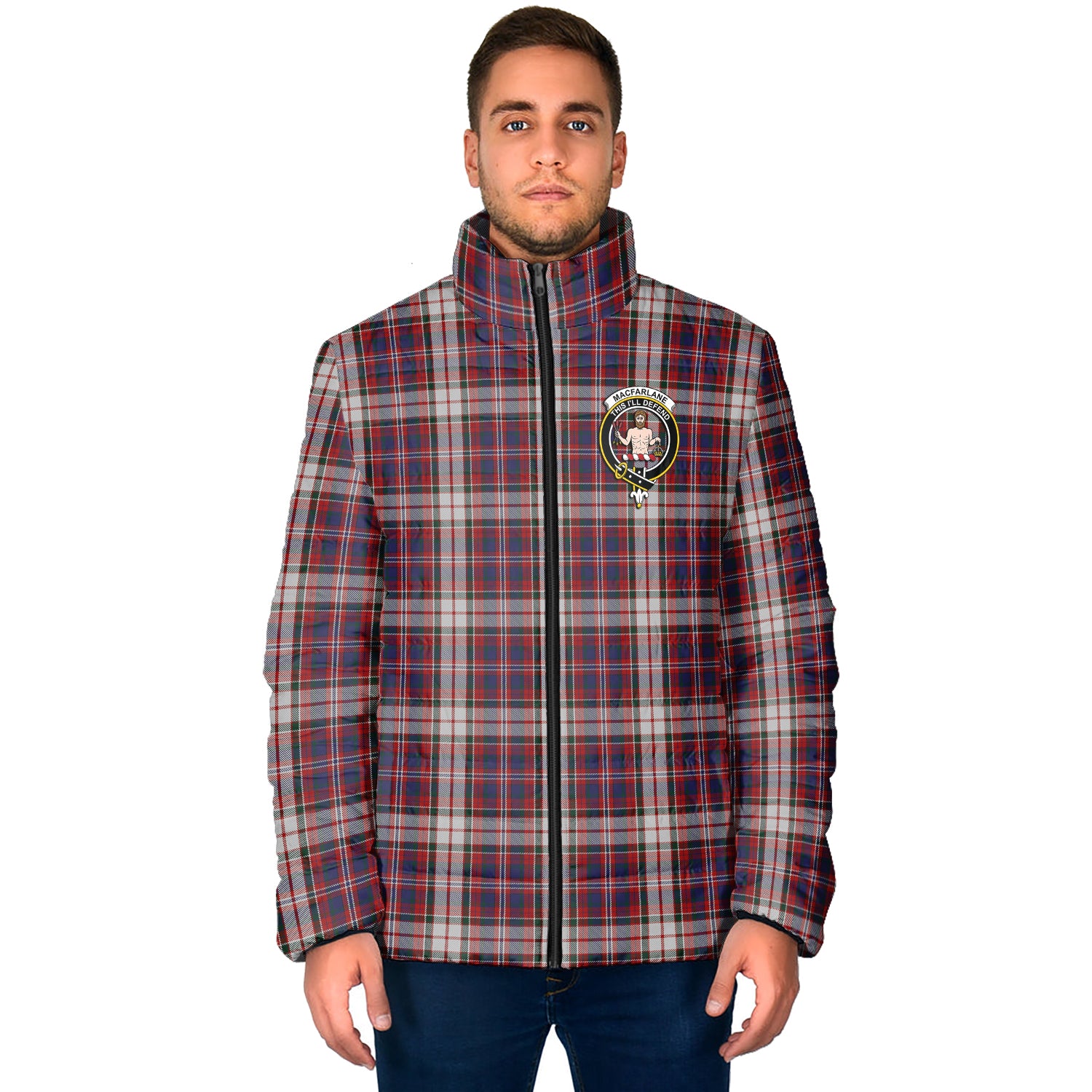 MacFarlane Dress Tartan Padded Jacket with Family Crest - Tartan Vibes Clothing