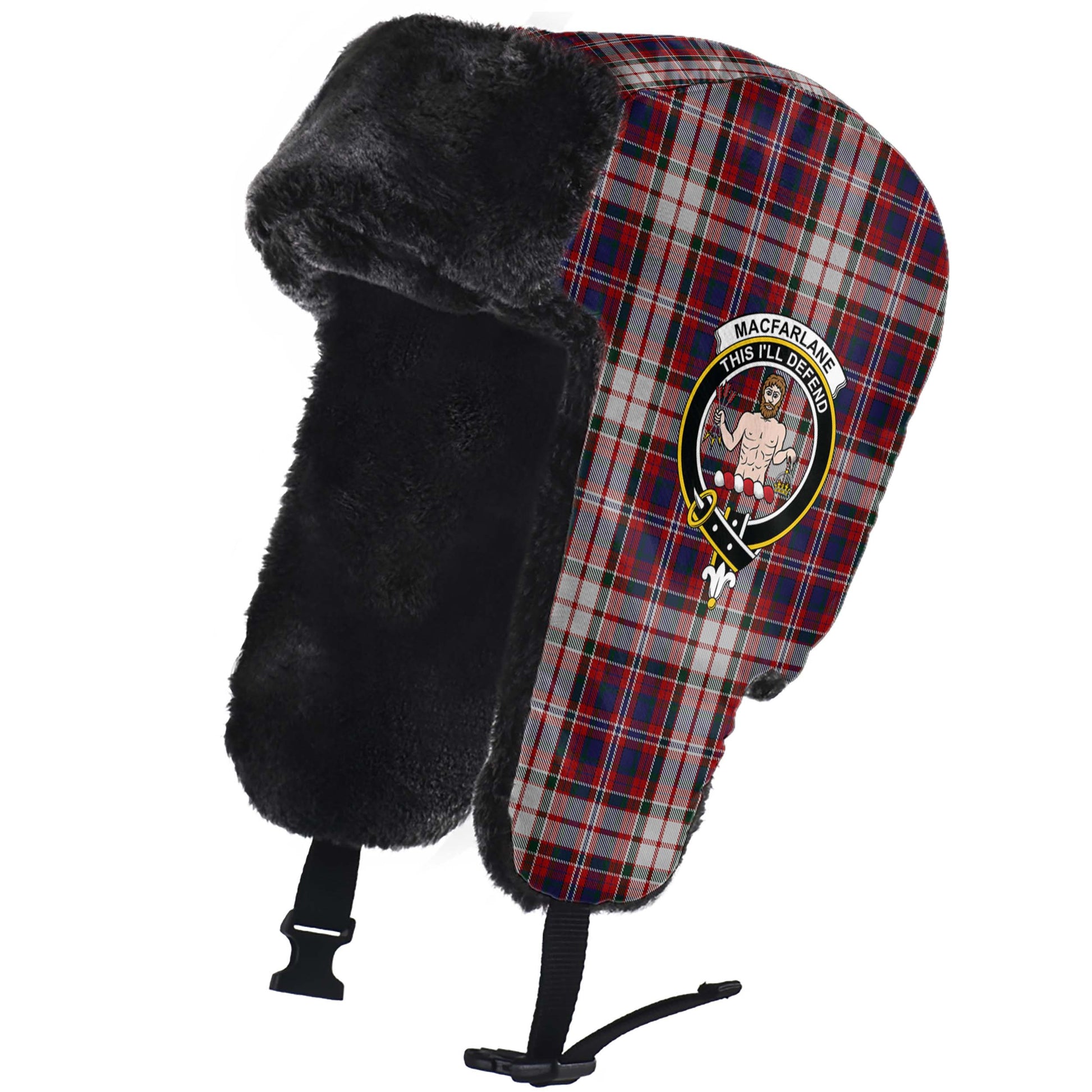 MacFarlane Dress Tartan Winter Trapper Hat with Family Crest - Tartanvibesclothing