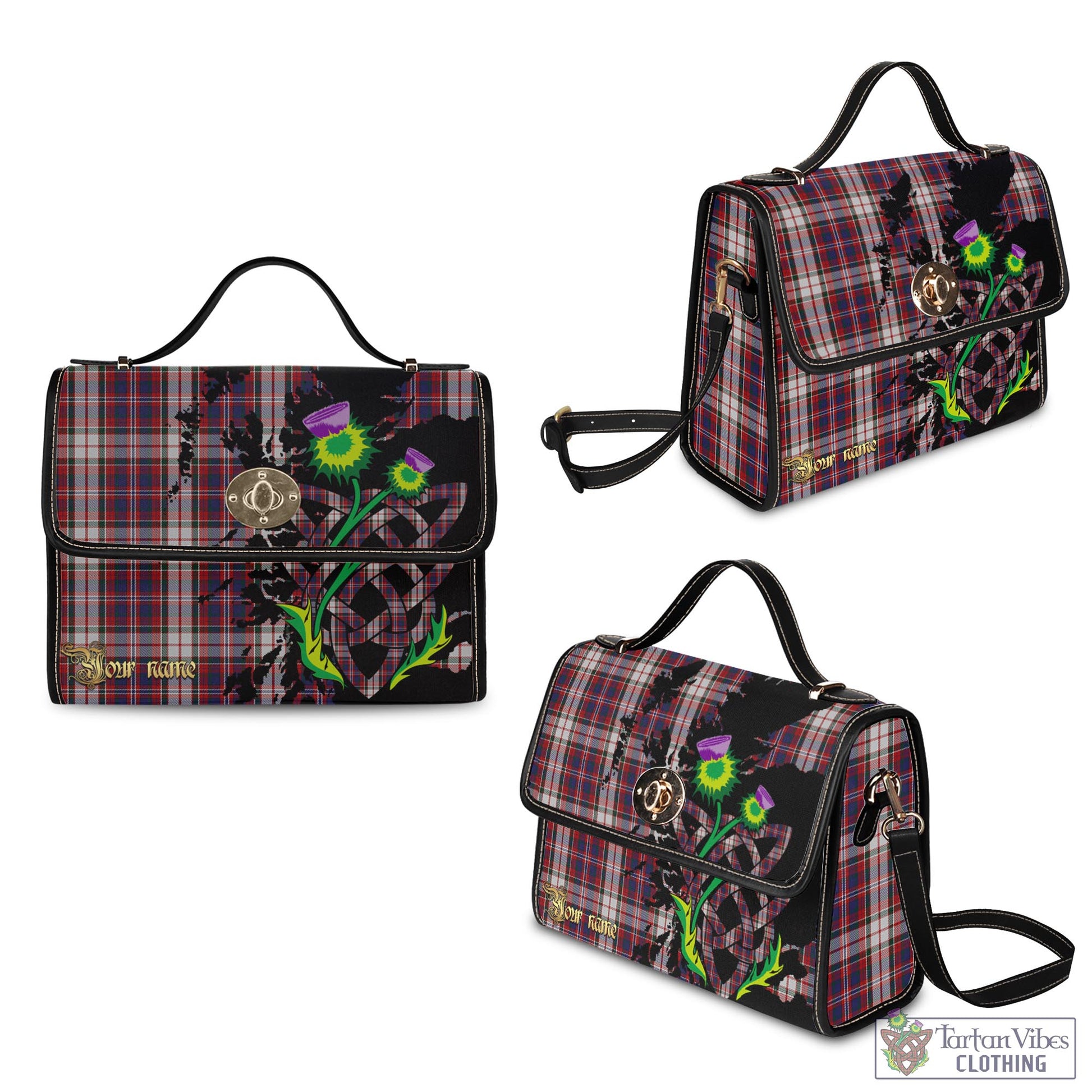 Tartan Vibes Clothing MacFarlane Dress Tartan Waterproof Canvas Bag with Scotland Map and Thistle Celtic Accents