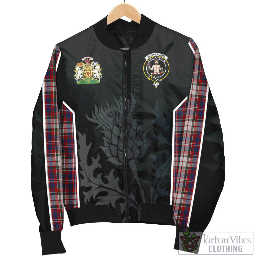 Tartan Vibes Clothing MacFarlane Dress Tartan Bomber Jacket with Family Crest and Scottish Thistle Vibes Sport Style