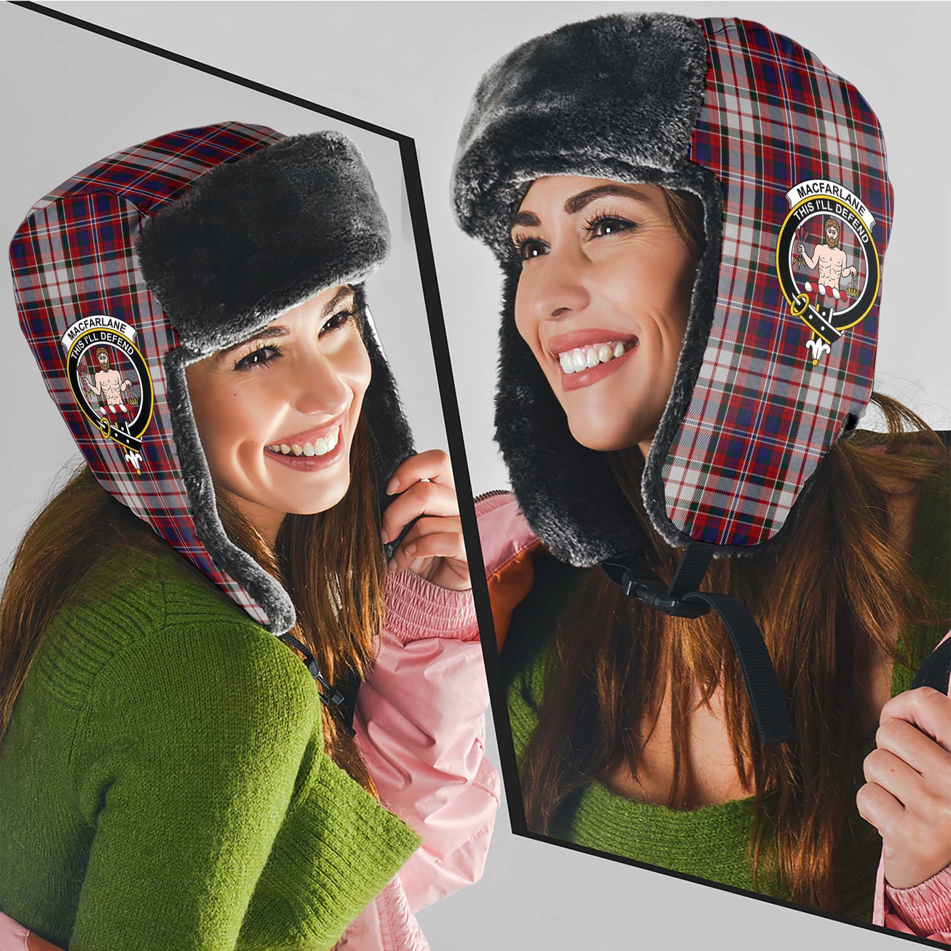 MacFarlane Dress Tartan Winter Trapper Hat with Family Crest - Tartanvibesclothing