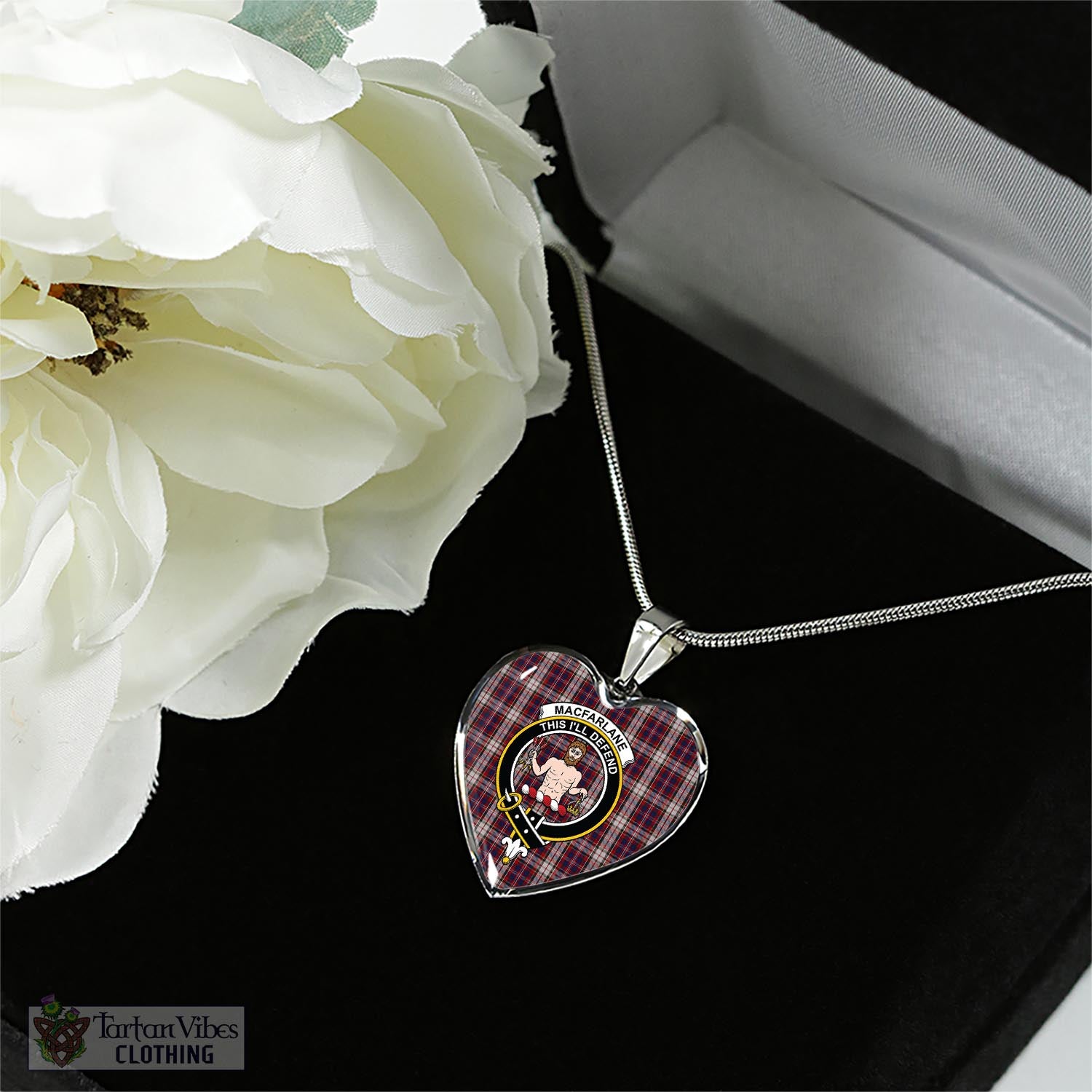 Tartan Vibes Clothing MacFarlane Dress Tartan Heart Necklace with Family Crest