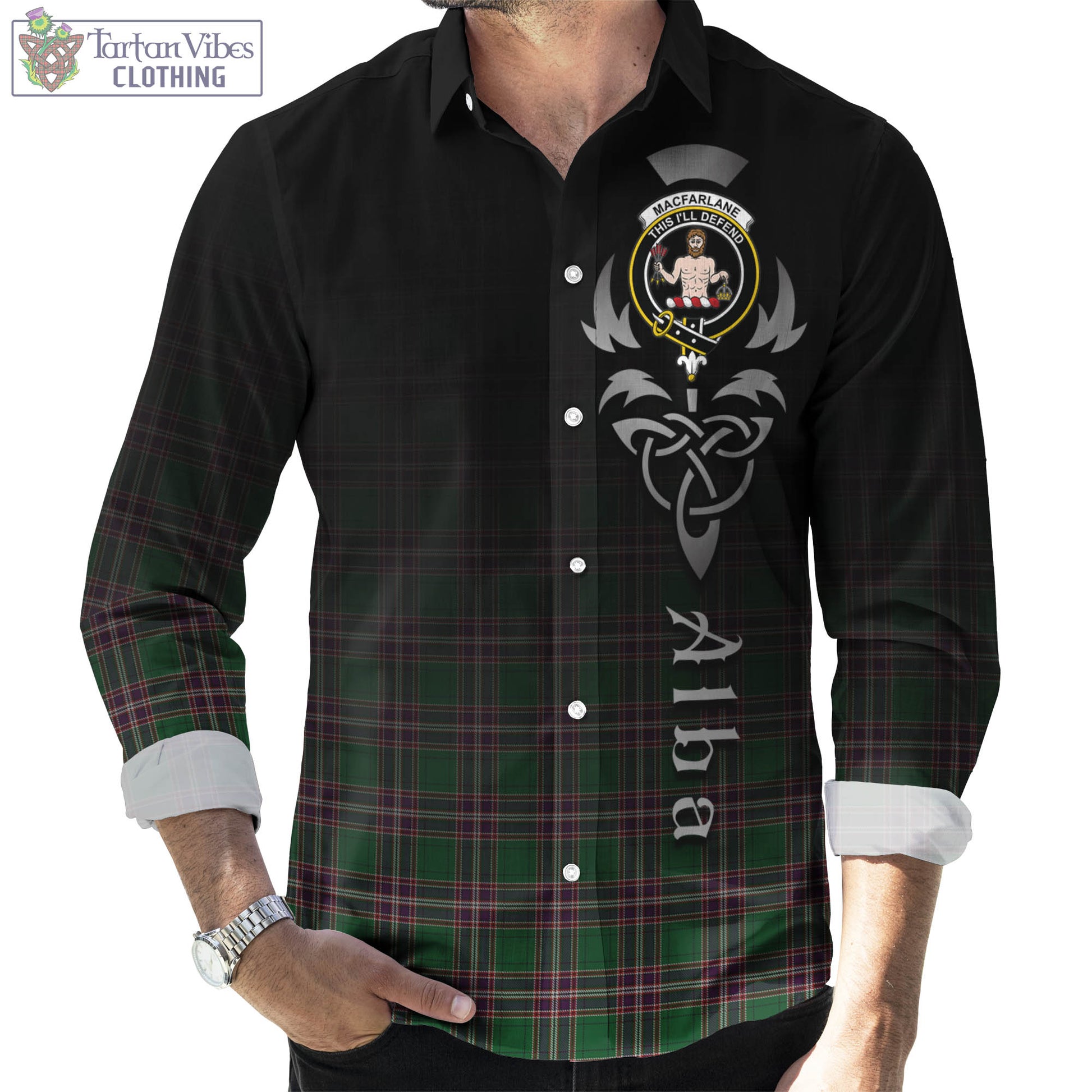 Tartan Vibes Clothing MacFarlane Hunting Tartan Long Sleeve Button Up Featuring Alba Gu Brath Family Crest Celtic Inspired