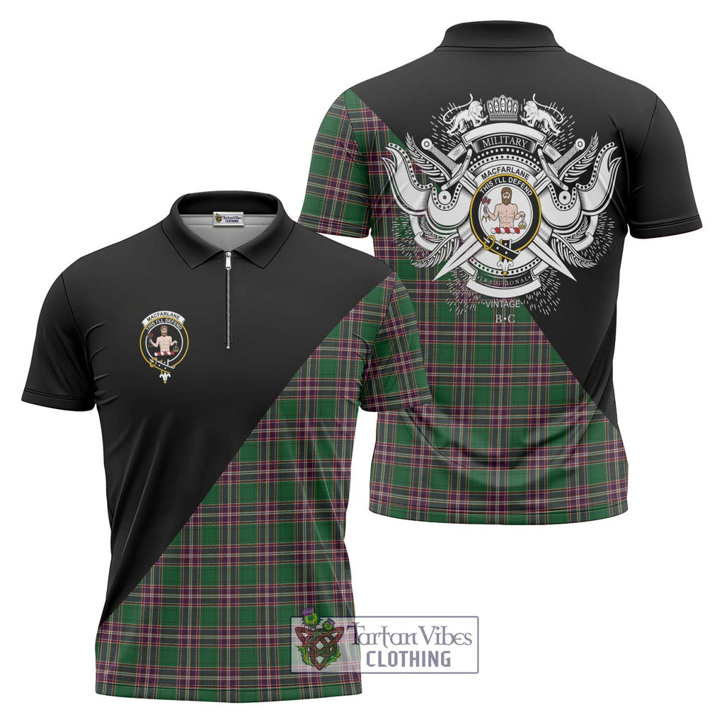 MacFarlane Hunting Tartan Zipper Polo Shirt with Family Crest and Military Logo Style Unisex - Tartanvibesclothing Shop