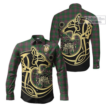 MacFarlane Hunting Tartan Long Sleeve Button Shirt with Family Crest Celtic Wolf Style