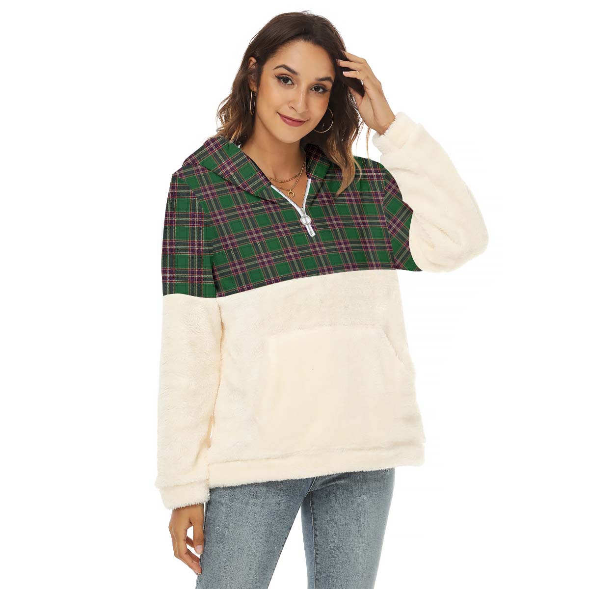 MacFarlane Hunting Tartan Women's Borg Fleece Hoodie With Half Zip Female - Tartan Vibes Clothing