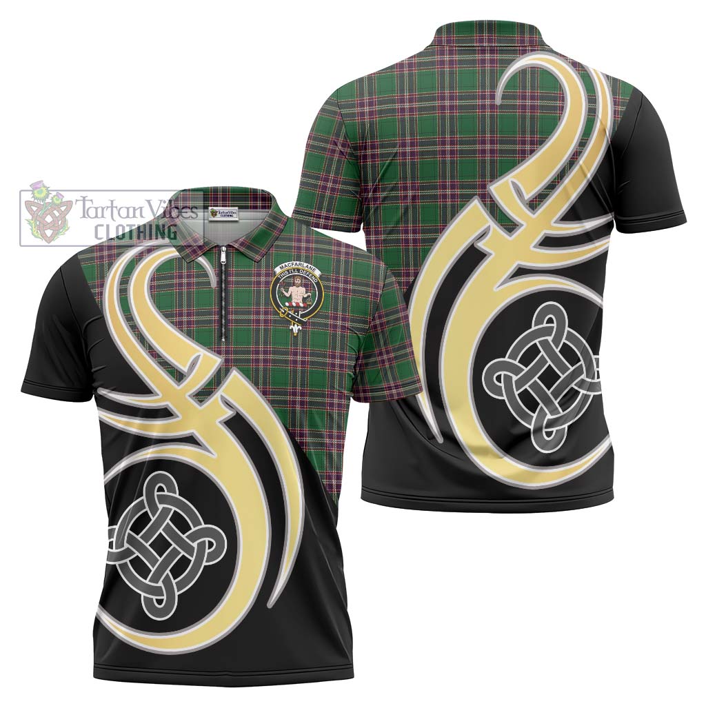 Tartan Vibes Clothing MacFarlane Hunting Tartan Zipper Polo Shirt with Family Crest and Celtic Symbol Style