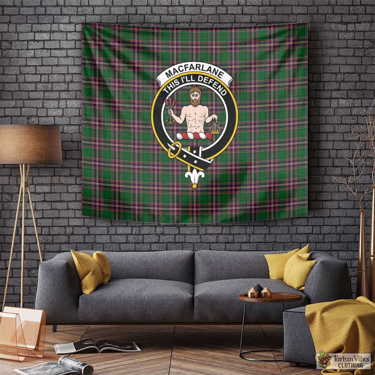 Tartan Vibes Clothing MacFarlane Hunting Tartan Tapestry Wall Hanging and Home Decor for Room with Family Crest