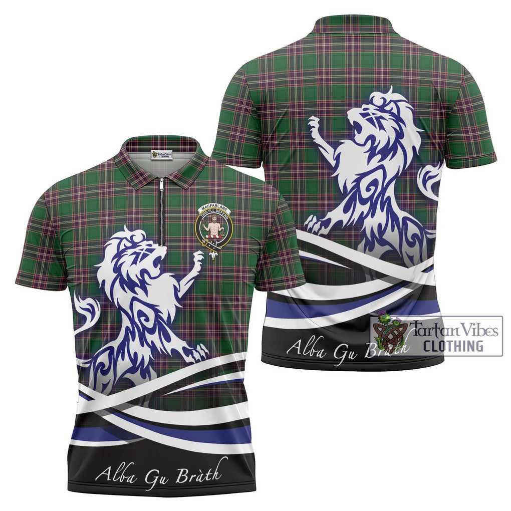 MacFarlane Hunting Tartan Zipper Polo Shirt with Alba Gu Brath Regal Lion Emblem Unisex - Tartanvibesclothing Shop