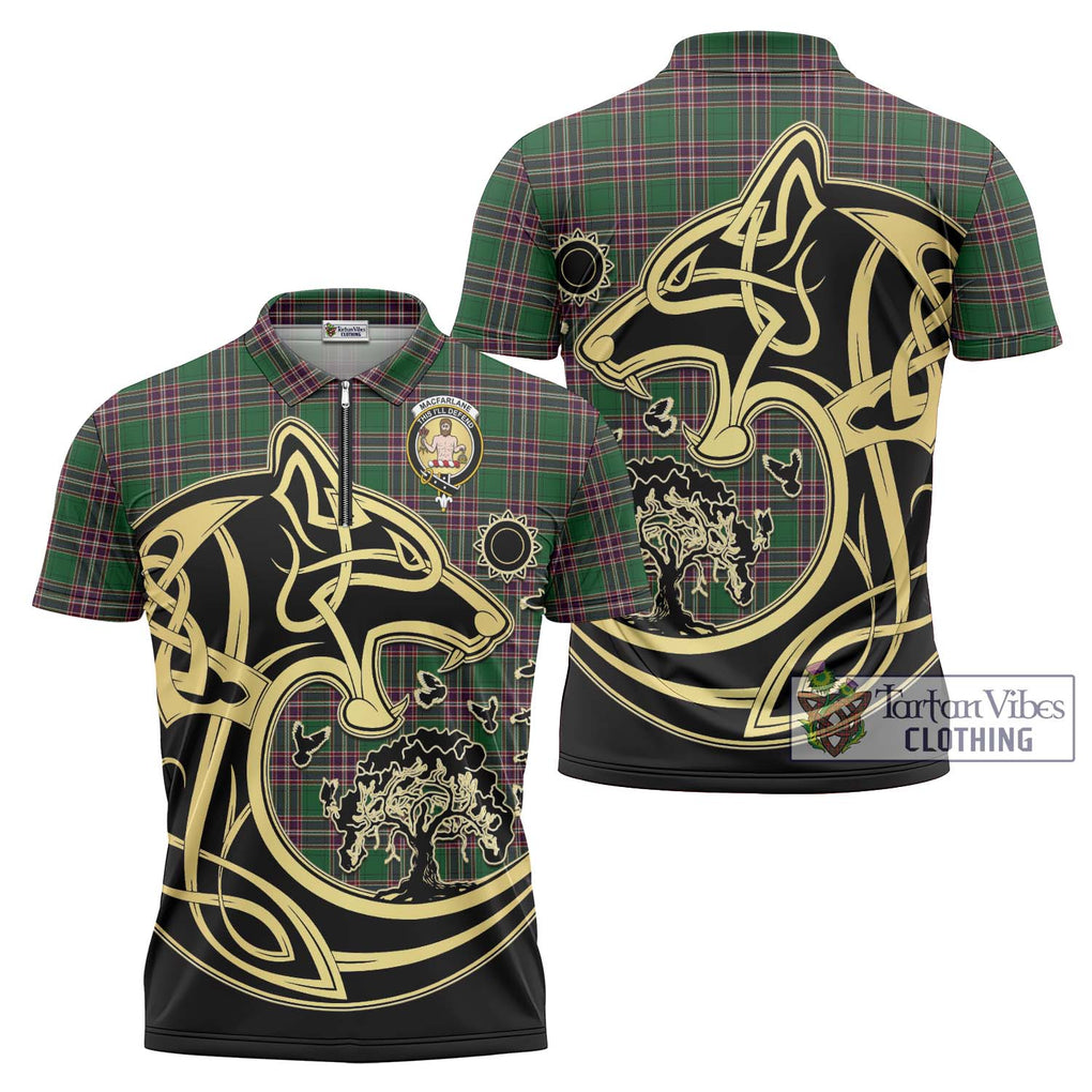 MacFarlane Hunting Tartan Zipper Polo Shirt with Family Crest Celtic Wolf Style Unisex - Tartanvibesclothing Shop