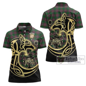 MacFarlane Hunting Tartan Women's Polo Shirt with Family Crest Celtic Wolf Style