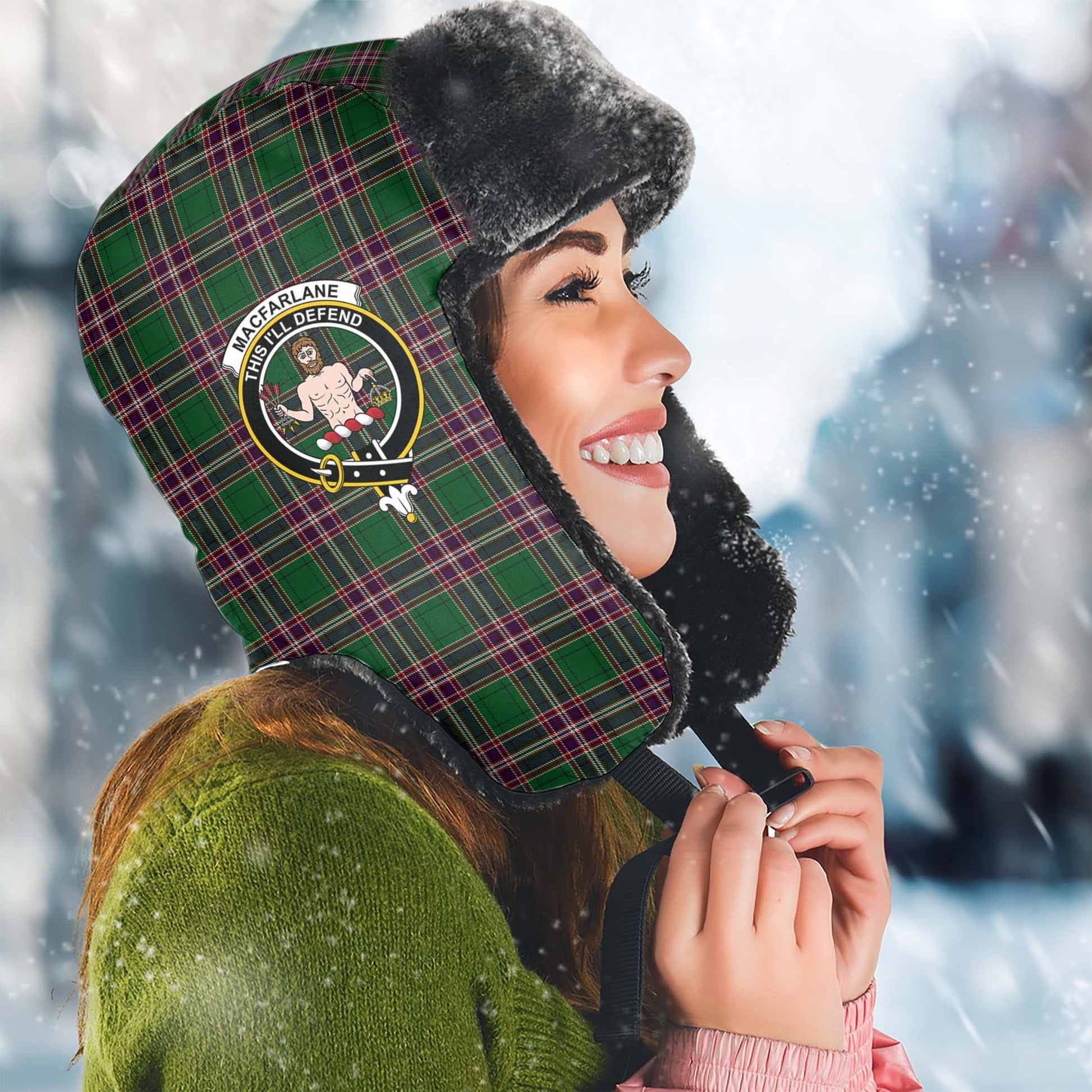 MacFarlane Hunting Tartan Winter Trapper Hat with Family Crest Winter Trapper Hat Universal Fit Circumference 22.8in (58cm) - Tartanvibesclothing