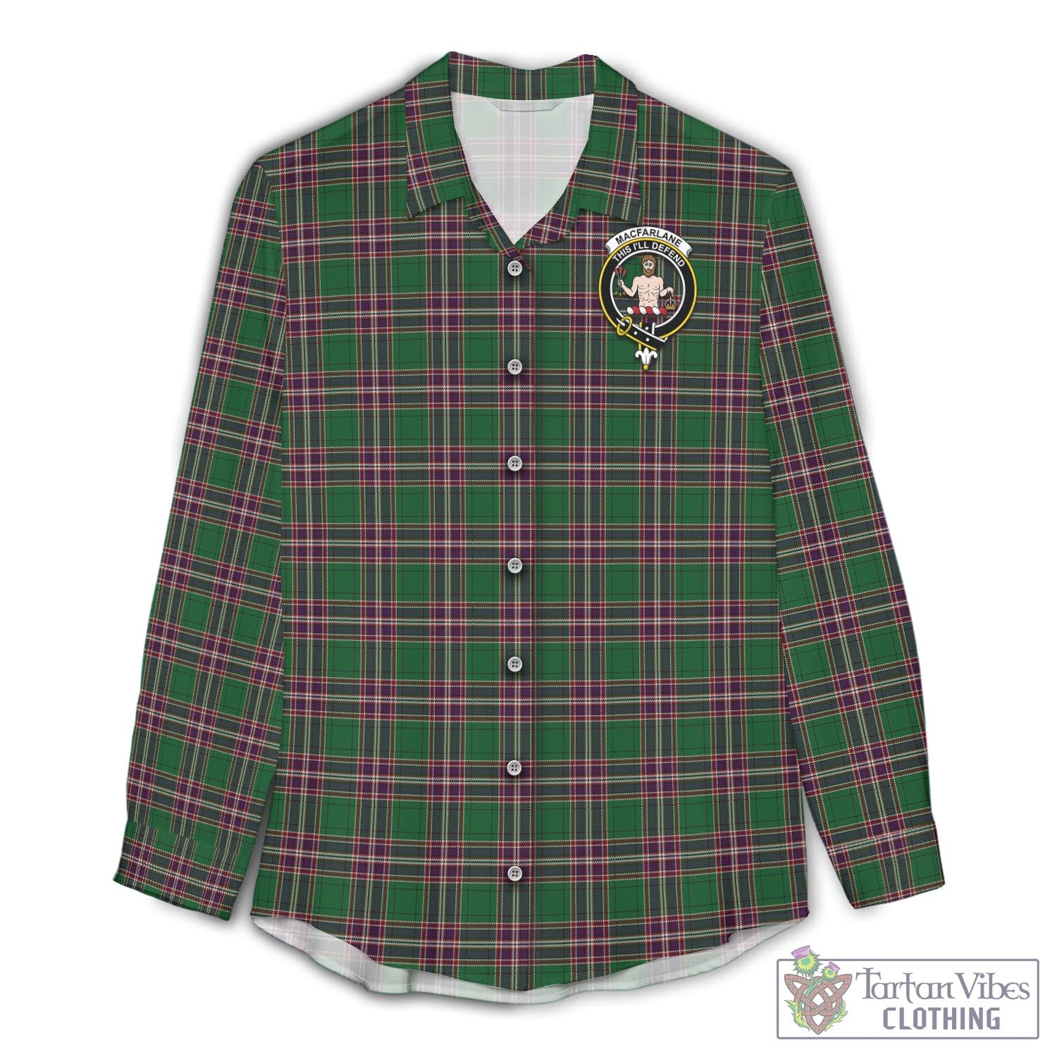 Tartan Vibes Clothing MacFarlane Hunting Tartan Womens Casual Shirt with Family Crest