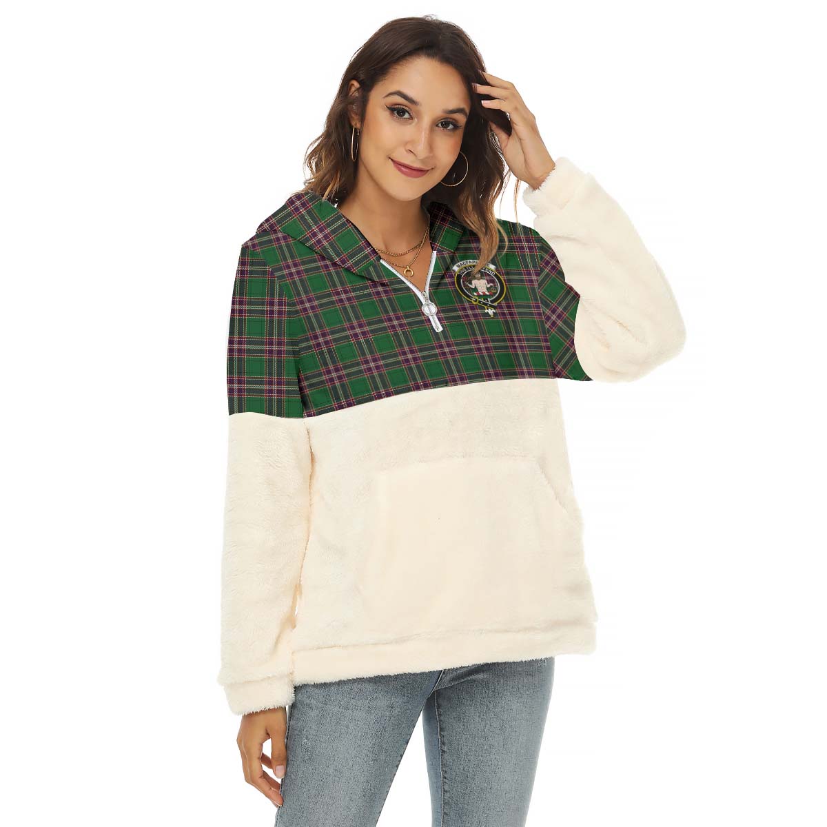 MacFarlane Hunting Tartan Women's Borg Fleece Hoodie With Half Zip with Family Crest Female - Tartan Vibes Clothing