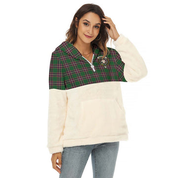 MacFarlane Hunting Tartan Women's Borg Fleece Hoodie With Half Zip with Family Crest