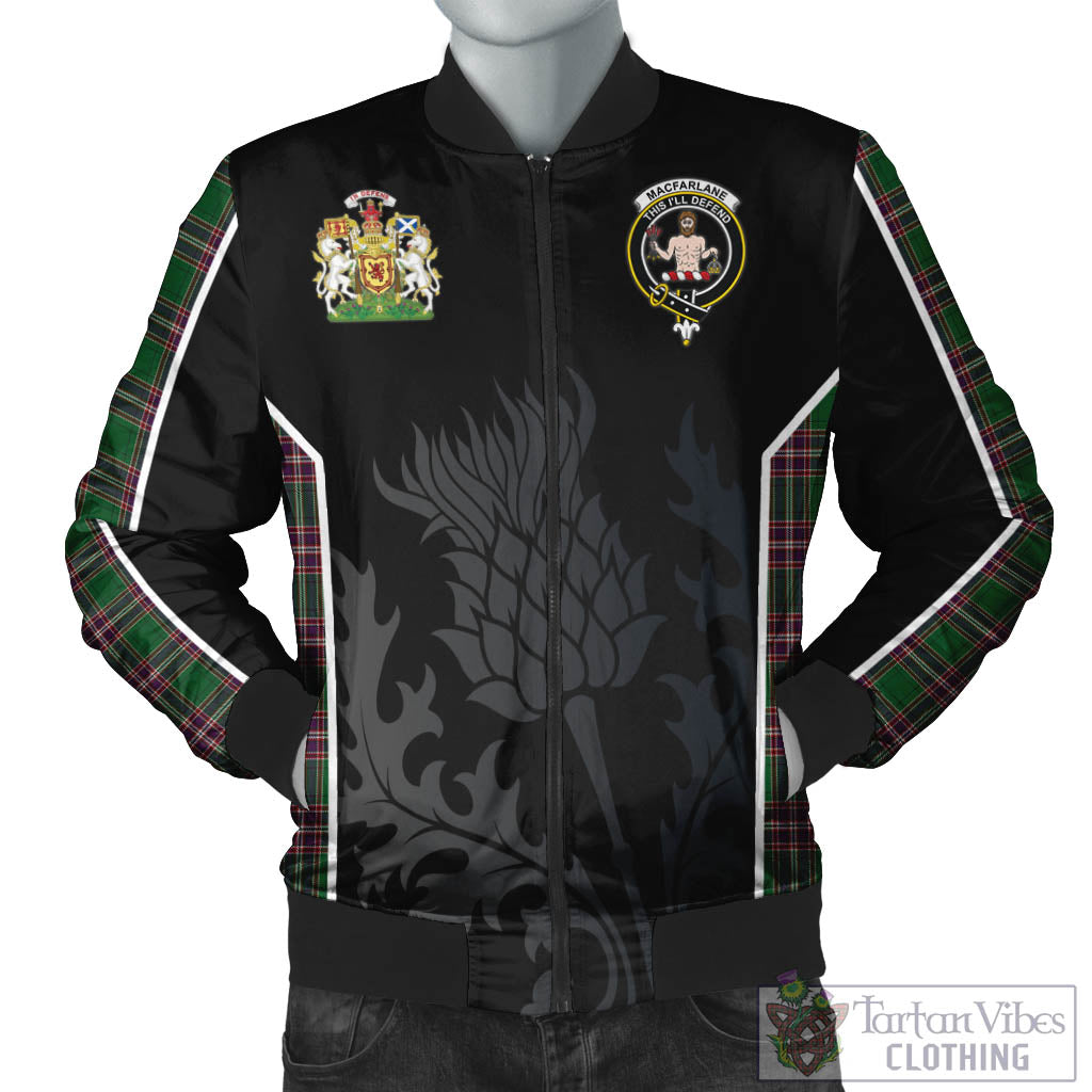 Tartan Vibes Clothing MacFarlane Hunting Tartan Bomber Jacket with Family Crest and Scottish Thistle Vibes Sport Style