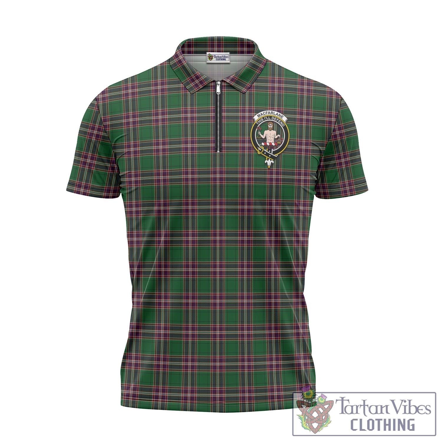 Tartan Vibes Clothing MacFarlane Hunting Tartan Zipper Polo Shirt with Family Crest