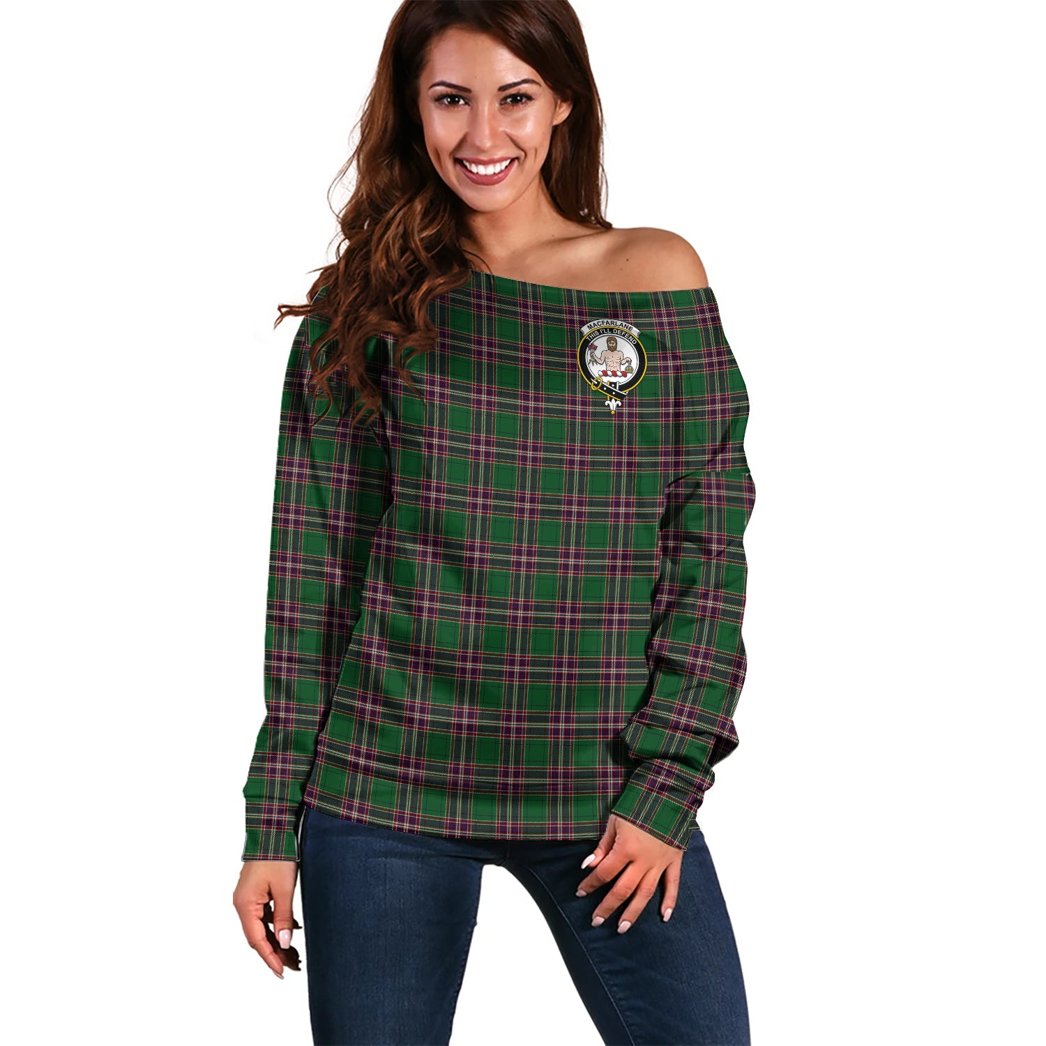 MacFarlane Hunting Tartan Off Shoulder Women Sweater with Family Crest Women - Tartanvibesclothing