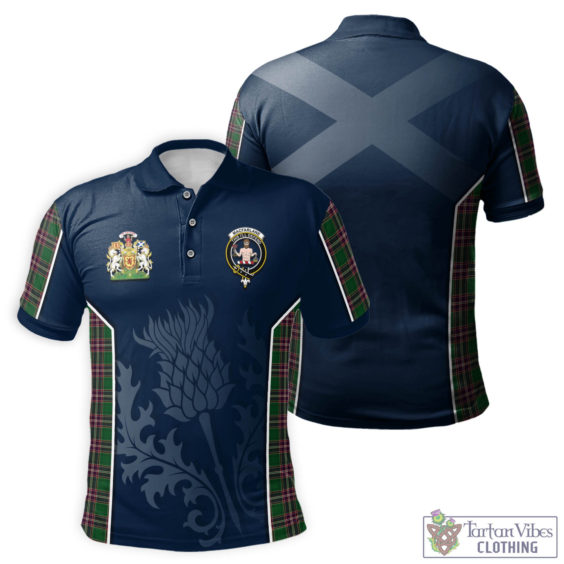 Tartan Vibes Clothing MacFarlane Hunting Tartan Men's Polo Shirt with Family Crest and Scottish Thistle Vibes Sport Style