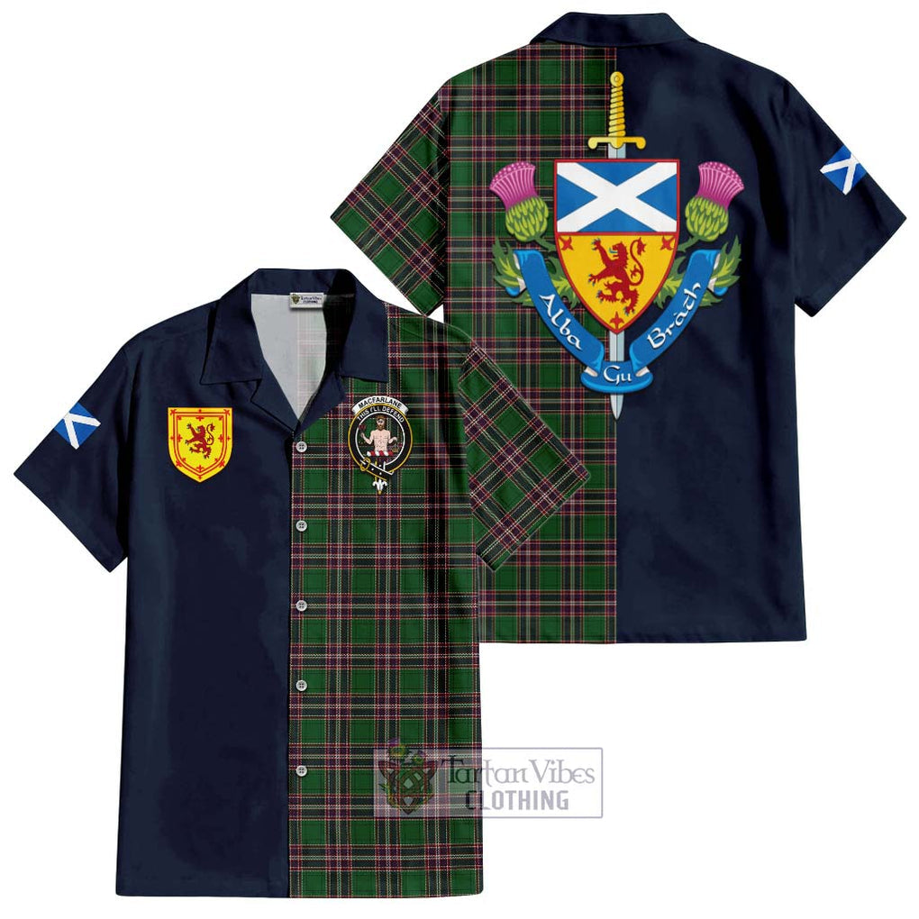 Tartan Vibes Clothing MacFarlane Hunting Tartan Short Sleeve Button Shirt with Scottish Lion Royal Arm Half Style