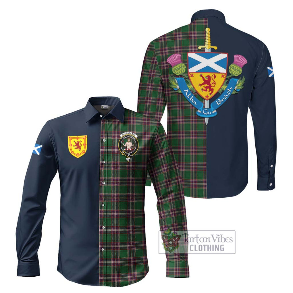 Tartan Vibes Clothing MacFarlane Hunting Tartan Long Sleeve Button Shirt with Scottish Lion Royal Arm Half Style